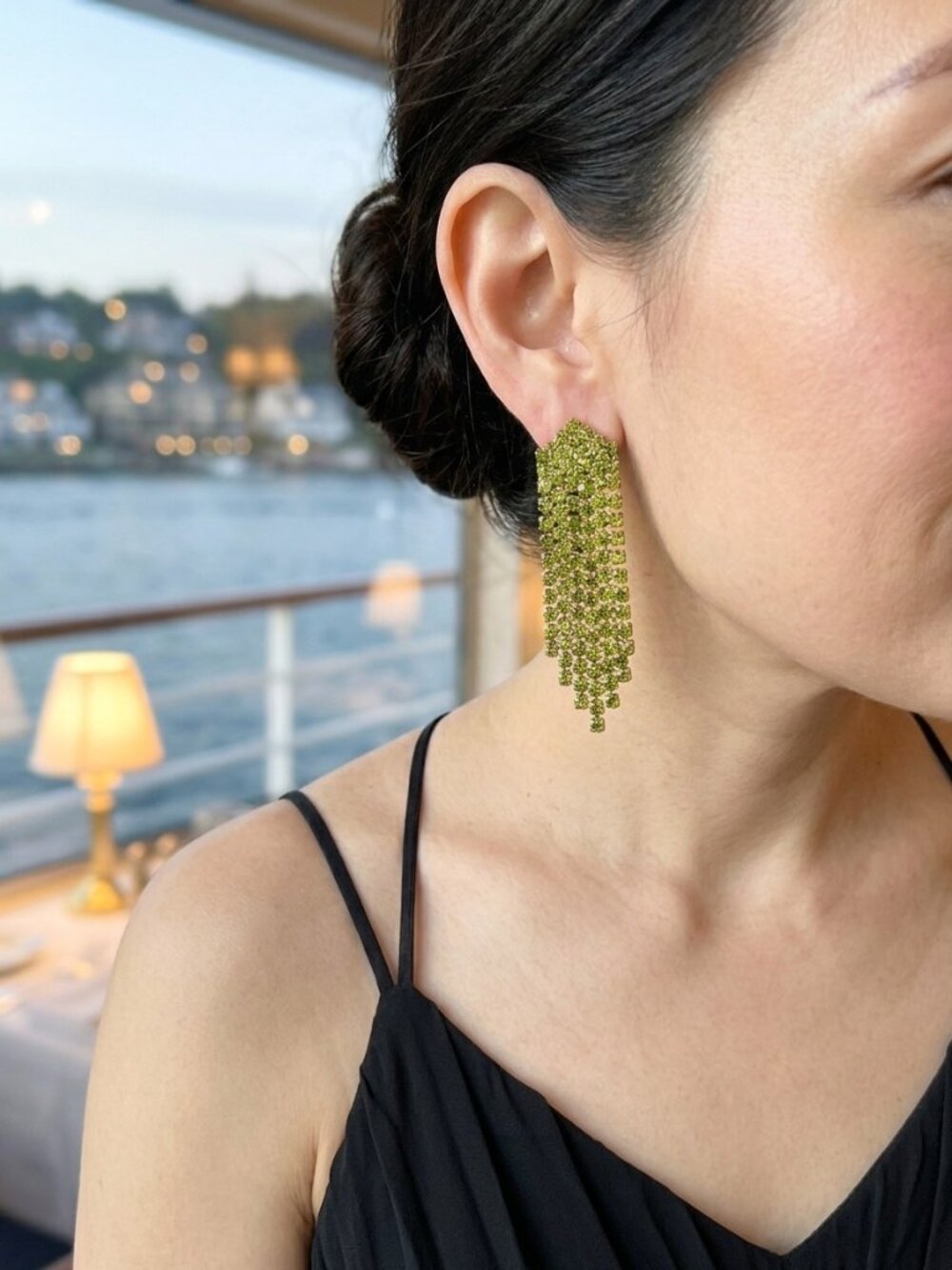 Tuckernuck Kiwi Crystal Simone Earrings Olivine Green Gold Statement Chandelier